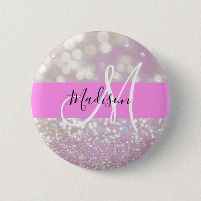 Girl Lilac Shimmer Glitzer Glitzern Monogram Name Button (Vorderseite)