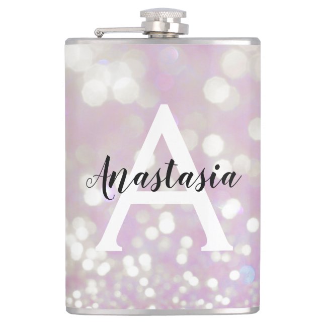 Girl Lilac Shimmer Glitzer Glitzern Monogram Name Flachmann (Vorderseite)