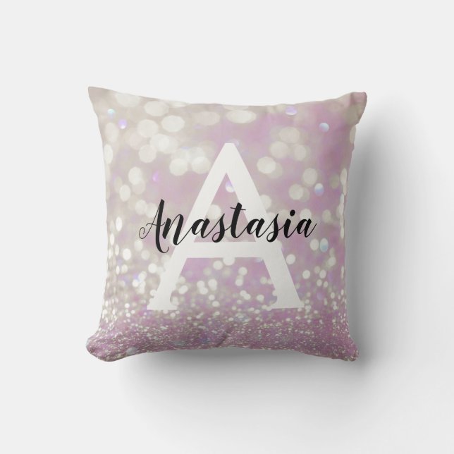 Girl Lilac Shimmer Glitzer Glitzern Monogram Name Kissen (Vorderseite)