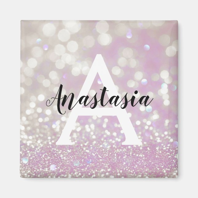 Girl Lilac Shimmer Glitzer Glitzern Monogram Name Magnet (Vorne)