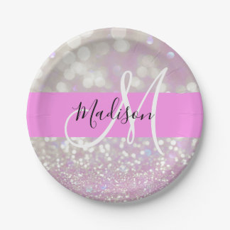 Girl Lilac Shimmer Glitzer Glitzern Monogram Name Pappteller