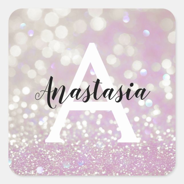 Girl Lilac Shimmer Glitzer Glitzern Monogram Name Quadratischer Aufkleber (Vorderseite)
