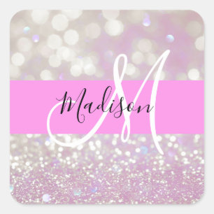 Girl Lilac Shimmer Glitzer Glitzern Monogram Name Quadratischer Aufkleber
