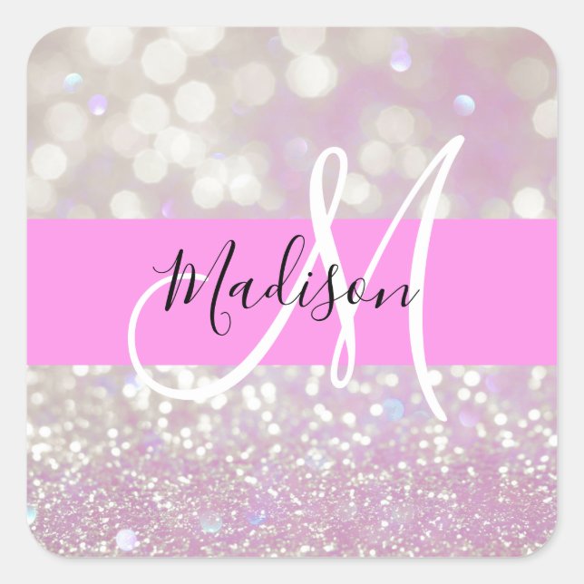 Girl Lilac Shimmer Glitzer Glitzern Monogram Name Quadratischer Aufkleber (Vorderseite)