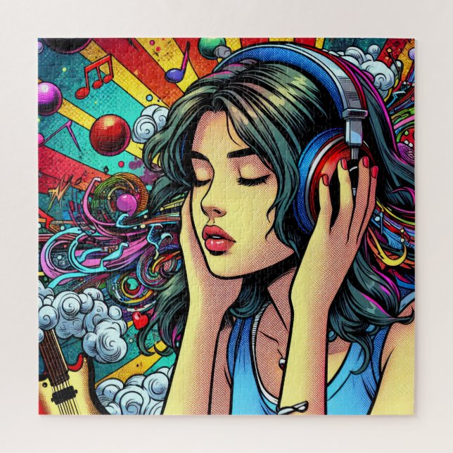 Girl Listing to Music on Headphones Psychedelic (Vertikal)