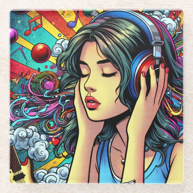 Girl Listing to Music on Headphones Psychedelic Glasuntersetzer (Vorderseite)