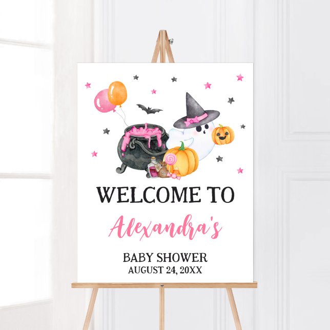 Girl Little Boo Ghost Baby Dusche Willkommen Poster (Ghost Halloween Baby Shower Welcome Sign)