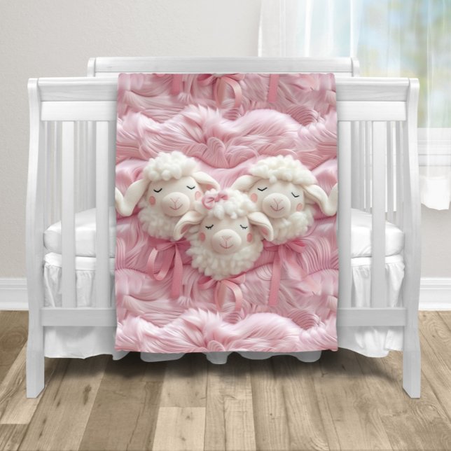 Girl Little Lamb Bows Fleecedecke (Sweet pink lamb baby blanket with sleepy little sheep on a cozy pink background. )