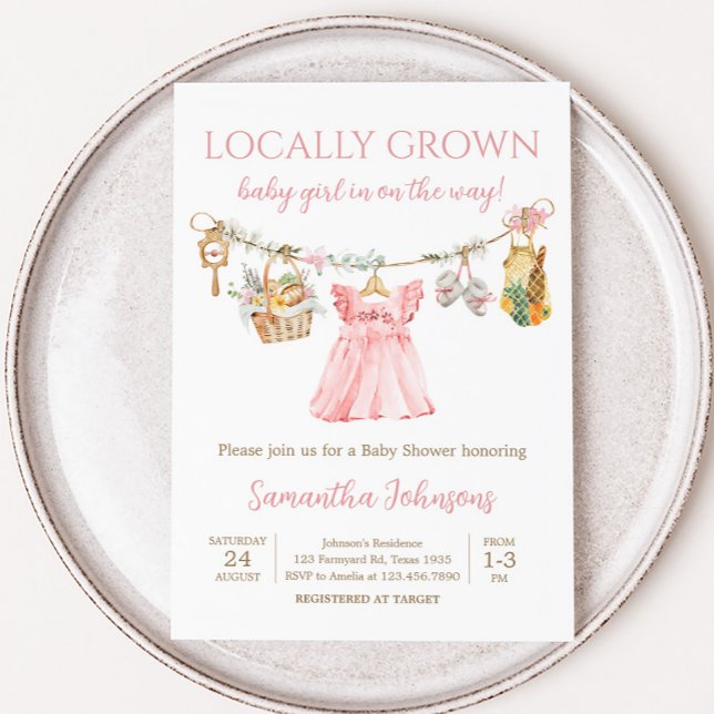 Girl Locally Grown Baby Shower Einladung (Girl Locally Grown Clothesline Baby Shower Invitation)