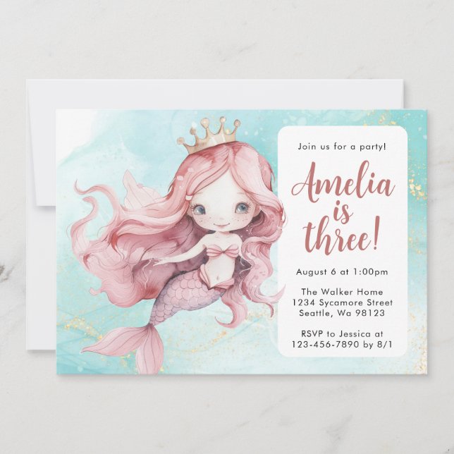 Girl Mermaid Birthday Einladungen (Vorderseite)