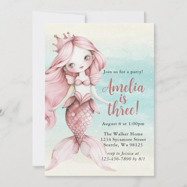 Girl Mermaid Birthday Einladungen (Vorderseite)