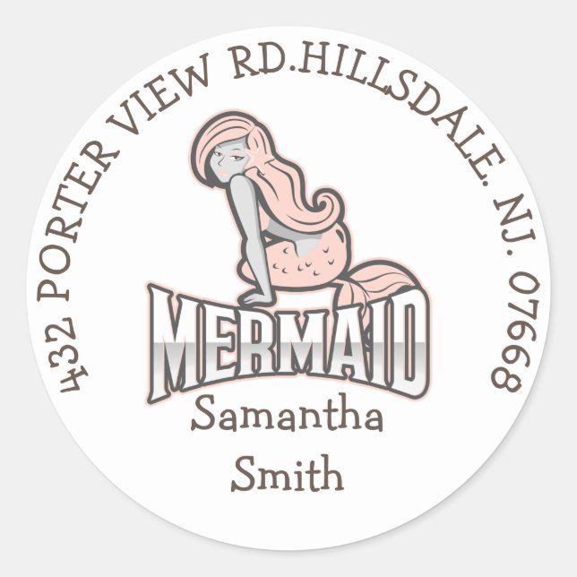Girl MERMAID Party ADDRESS Classic Round Sticker (Vorderseite)