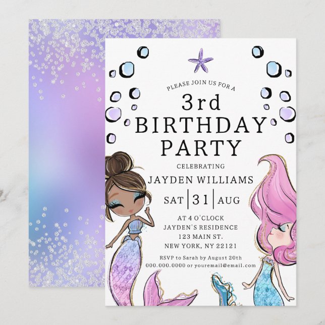 Girl Mermaid Pink Lila Kindergeburtstag Einladung (Vorne/Hinten)