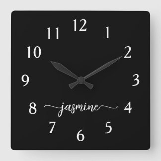 Girl-Minimalistische Monogram Name Script Black Quadratische Wanduhr