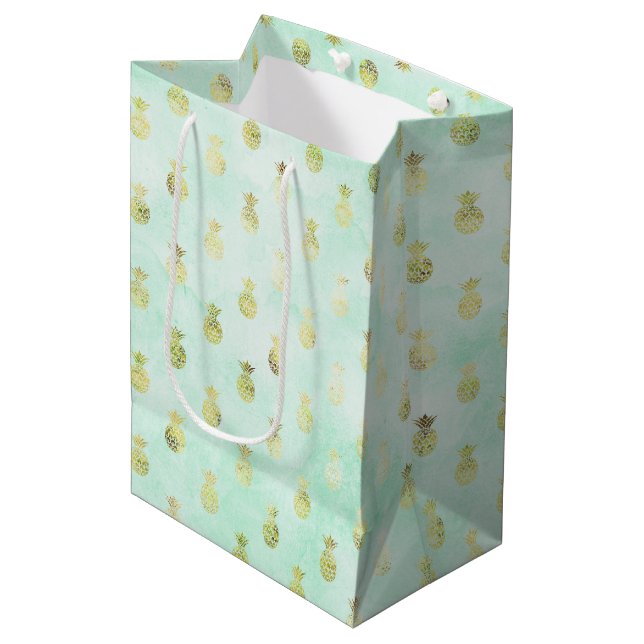 Girl Mint Glam Gold Tropische Ananas Mittlere Geschenktüte (Vorderseite Schrägansicht)