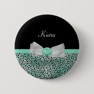 Girl Mint Green Cheetah Print Niedlich Bow and Nam Button