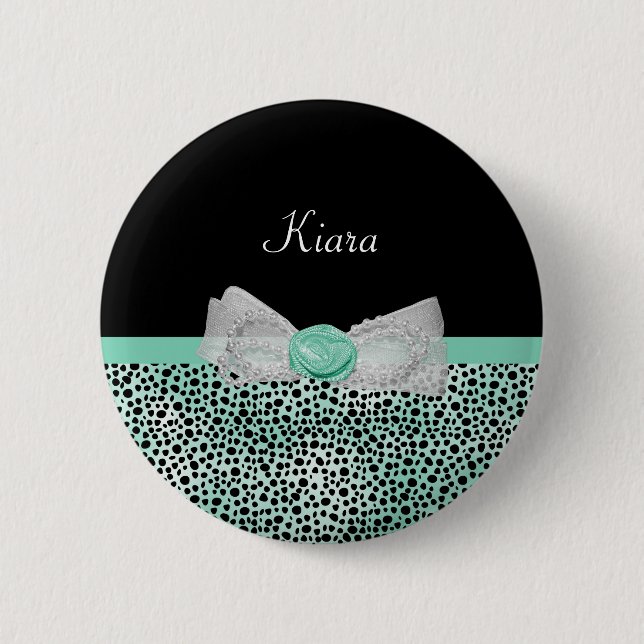 Girl Mint Green Cheetah Print Niedlich Bow and Nam Button (Vorderseite)