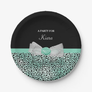 Girl Mint Green Cheetah Print Niedlich Bow Party N Pappteller