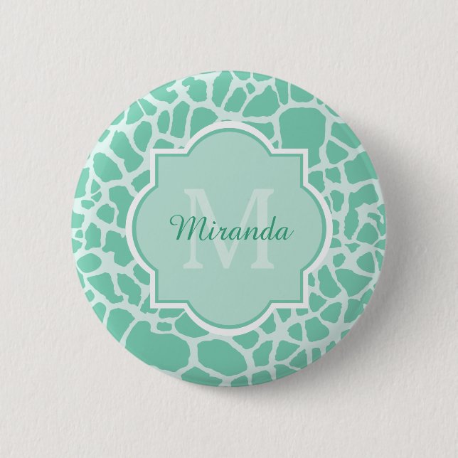 Girl Mint Green Giraffe Print Monogram und Name Button (Vorderseite)