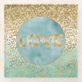 Girl Mint Watercolor Gold Leopard Print Liebe Glasuntersetzer