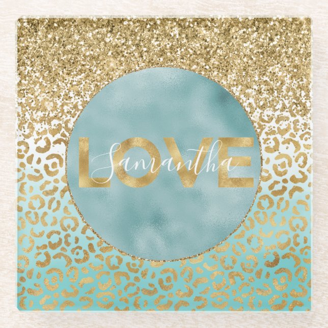 Girl Mint Watercolor Gold Leopard Print Liebe Glasuntersetzer (Vorderseite)