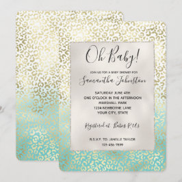 Girl Mint Watercolor Ombre Gold Leopard Print Einladung