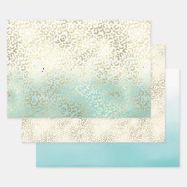 Girl Mint Watercolor Ombre Gold Leopard Print Geschenkpapier Set