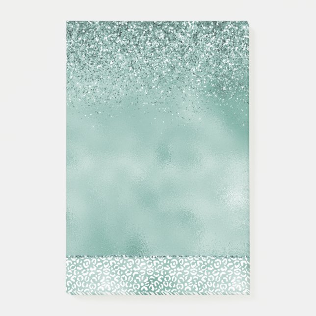 Girl Mint White Leopard Print Glitzer Post-it Klebezettel (Vorderseite)