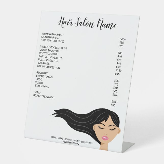 Girl mit Long Black Fflügler Haar Friseur Menü Sockelschild (Vorderseite)