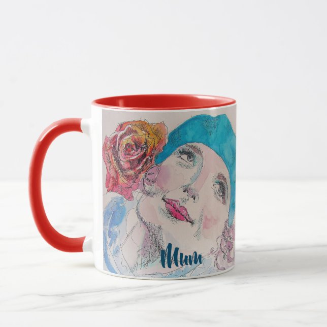 Girl mit Rote Rose Beret Wasserfarbe Blume Tasse (Links)