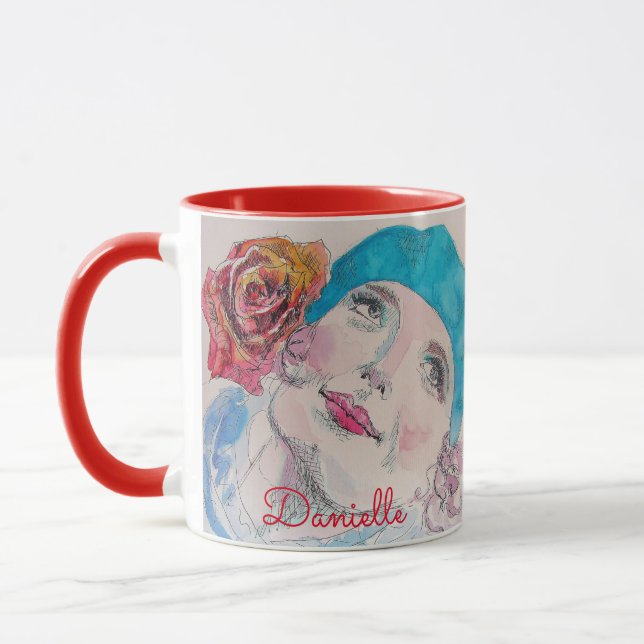 Girl mit Rote Rose Beret Wasserfarbe Blume Tasse (Links)