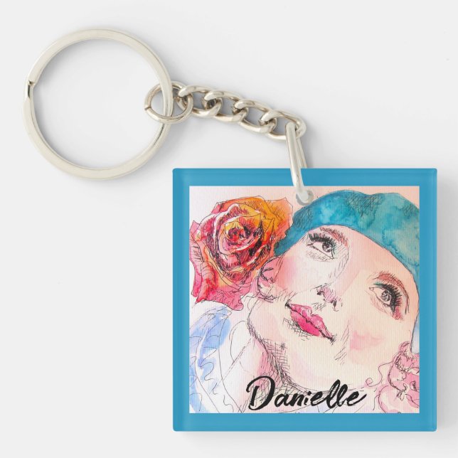 Girl mit Rote Rose Beret Womens Aqua Girl Schlüsselanhänger (Vorderseite)