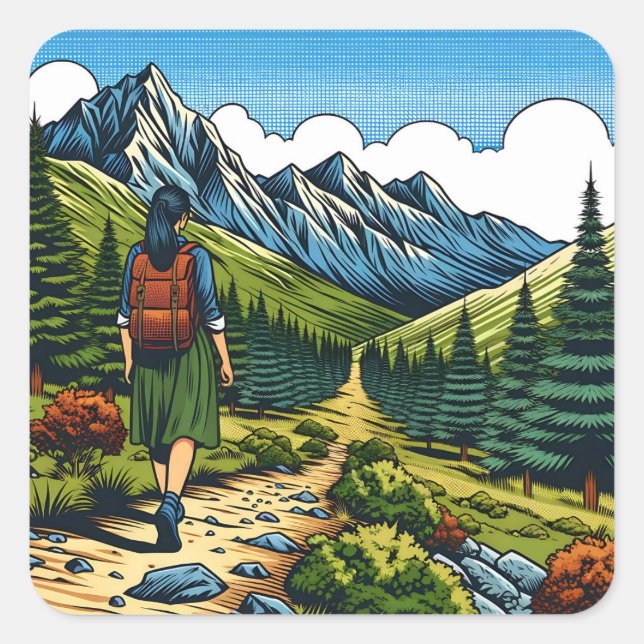 Girl mit Rucksack Wandern im Val Piora Quadratischer Aufkleber (Vorderseite)
