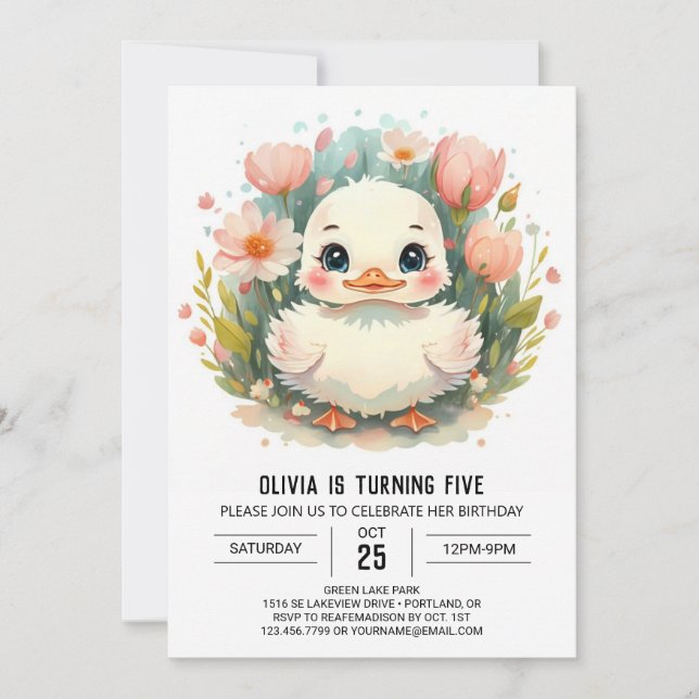 Girl Modern Duck Birthday Einladung (Vorderseite)