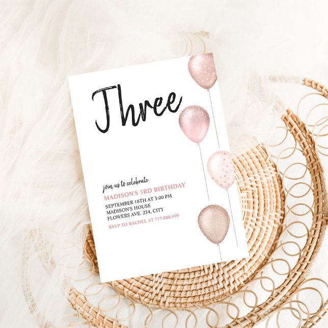 Girl Modern Simple 3rd Pink Balloons Geburtstag Einladung (Von Creator hochgeladen)