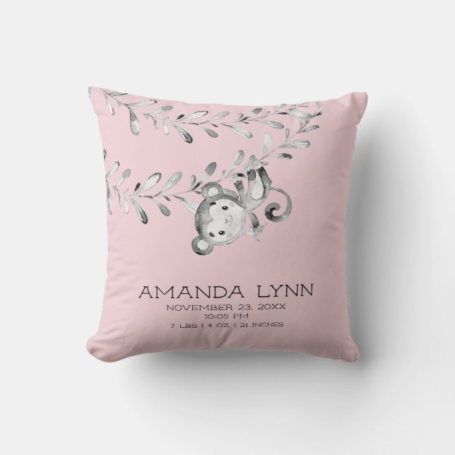 GIRL Monkey Baby Birth Stats Pillow Kissen (Vorderseite)