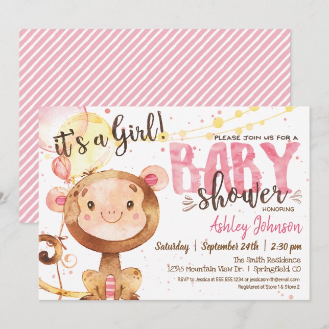 Girl Monkey Baby Showeinladung Einladung (Vorne/Hinten)