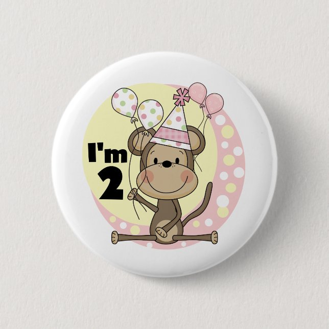 Girl Monkey in Party Hat 2. Geburtstag Button (Vorderseite)