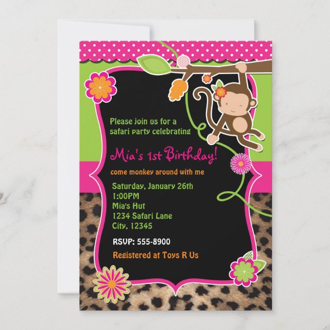 Girl Monkey Safari Chic Jungle Bright Invitation (Devant)