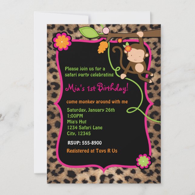 Girl Monkey Safari Chic Jungle Leopard Invitations (Devant)