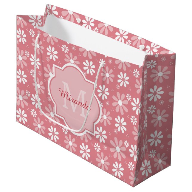 Girl Monogram Niedlich Pink Daisy Blume mit Namen Große Geschenktüte (Vorderseite Schrägansicht)