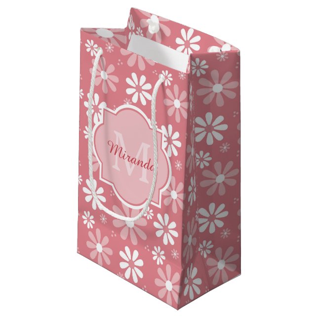 Girl Monogram Niedlich Pink Daisy Blume mit Namen Kleine Geschenktüte (Vorderseite Schrägansicht)
