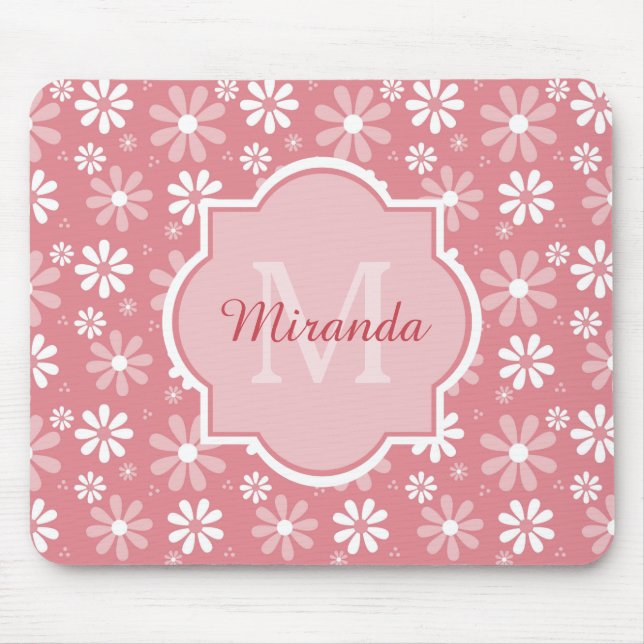 Girl Monogram Niedlich Pink Daisy Blume mit Namen Mousepad (Vorne)