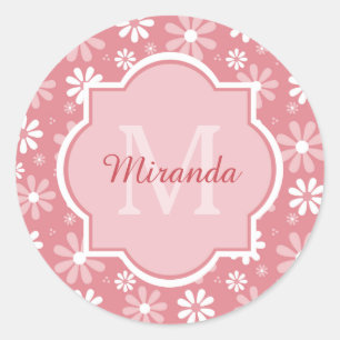 Girl Monogram Niedlich Pink Daisy Blume mit Namen Runder Aufkleber