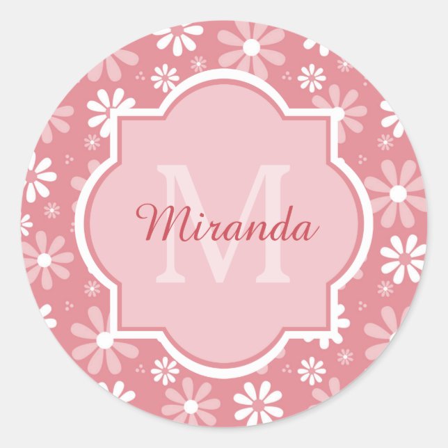 Girl Monogram Niedlich Pink Daisy Blume mit Namen Runder Aufkleber (Vorderseite)