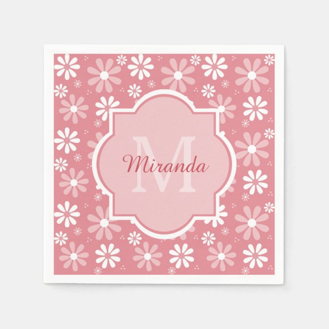 Girl Monogram Niedlich Pink Daisy Blume mit Namen Serviette (Vorderseite)