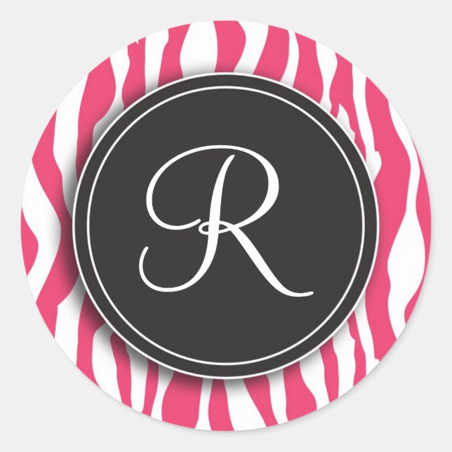 Girl Monogram Pink Zebra Druckaufkleber Runder Aufkleber (Vorderseite)