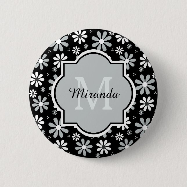 Girl Monogram Schwarz-weiße Daisy-Blume mit Namen Button (Vorderseite)