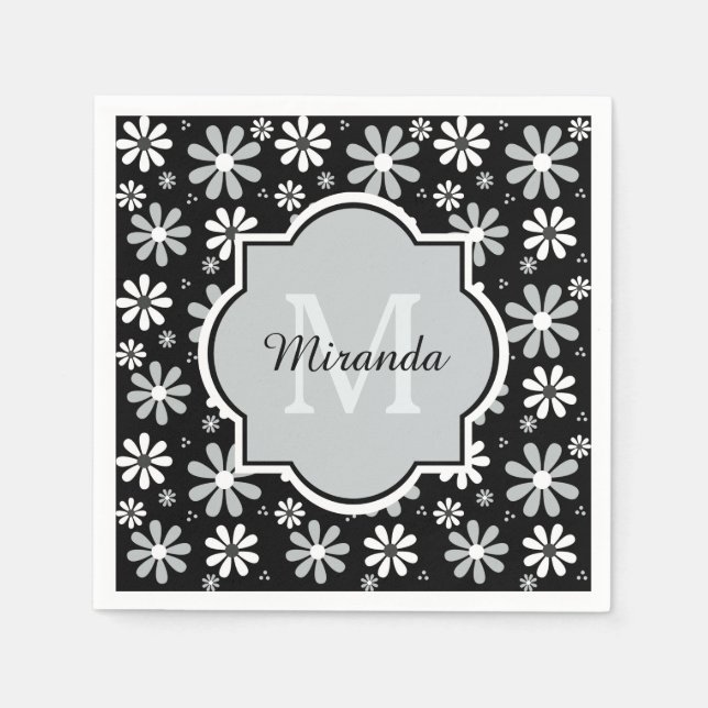Girl Monogram Schwarz-weiße Daisy-Blume mit Namen Serviette (Vorderseite)