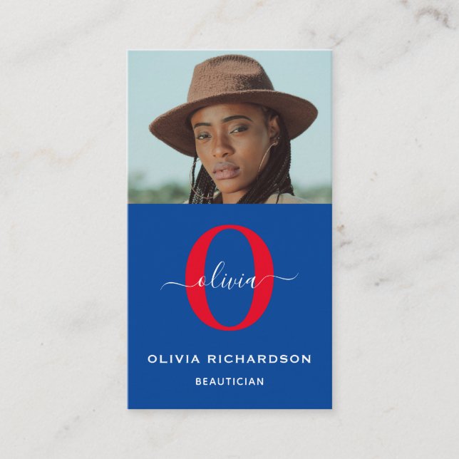 Girl Monogram Script Name Blue White Red Vertical Visitenkarte (Vorderseite)